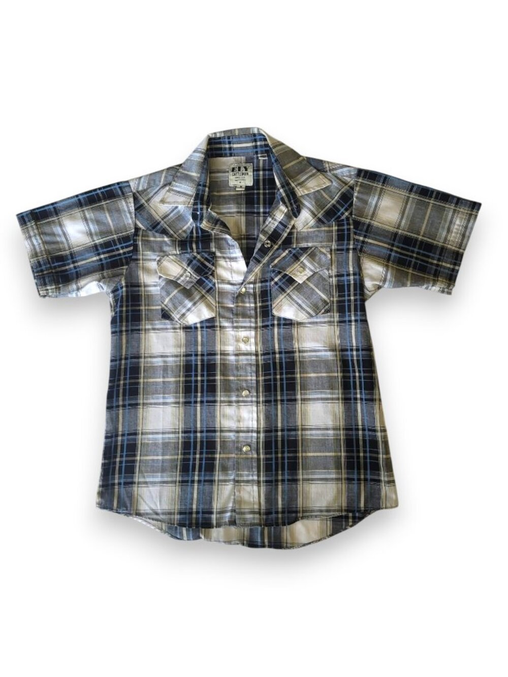 Ely Cattleman Boys Western Snap Shirt Plaid Blue Tan Medium Rodeo Fair Cowboy